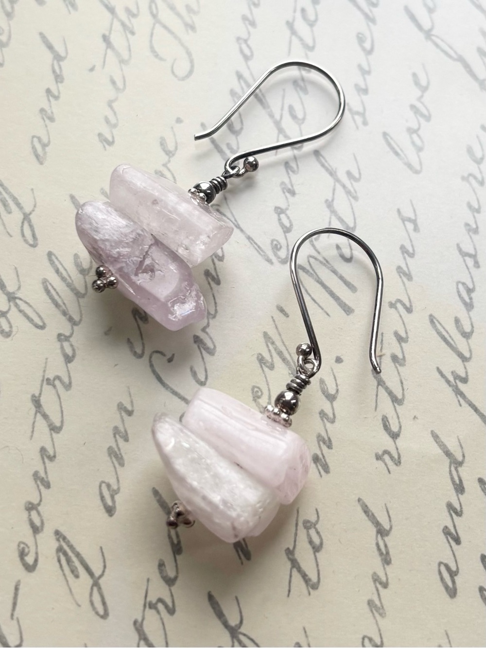 Handmade Pale Pink Kunzite Bead Drop Earrings - Sterling Silver